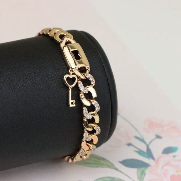 "Rose Gold Heart Lock Key Charm Bracelet with Sparkling Links, XPBL0914 - Picture 9 of 13